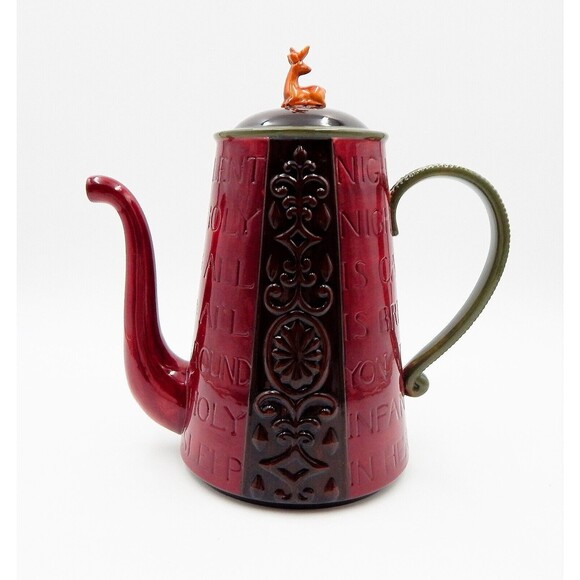 Christmas Ceramic Coffee Tea Pot Deer Finial Silent Night Verse 11 Inch Red - Picture 1 of 11